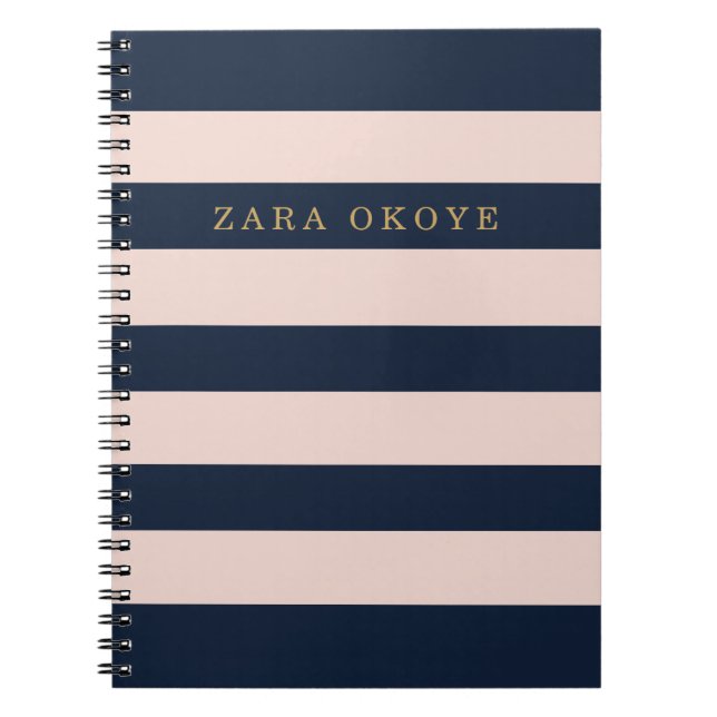 Elegant Custom Navy Blue & Blush Pink Striped  Notebook (Front)