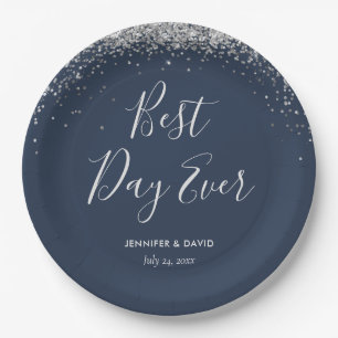 Elegant Custom Navy Blue Silver Glitter Confetti Paper Plate