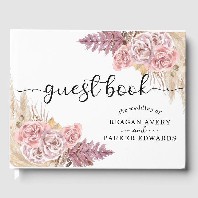 Elegant Custom Pampas Grass Floral Wedding Guest Book (Front)