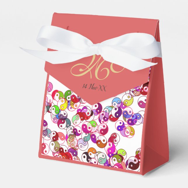 Elegant Custom Peach Monogram Gold Yin Yang  Favor Box (Front Side)