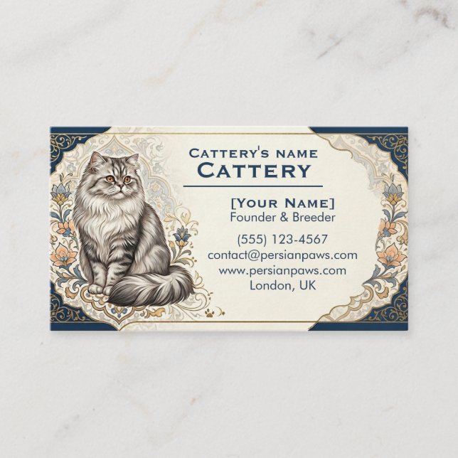 Elegant Custom Persian Cat Cattery Business Card  (Front)