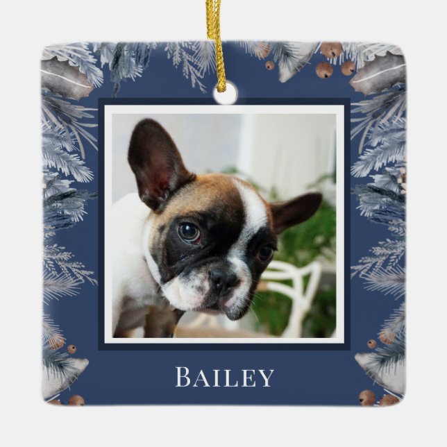 Elegant Custom Pet Watercolor Blue Christmas  Ceramic Ornament (Front)