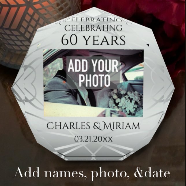 Elegant Custom Photo 60th Wedding Anniversary Gift Block (Create an elegant unique photo keepsake gift by adding photo and names to this anniversary template.)