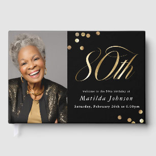 Elegant Custom Photo Black and Gold 80th Birthday  Guest Book