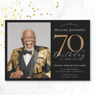 Elegant Custom Photo Black Gold 70th Birthday Invitation