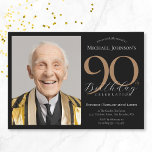Elegant Custom Photo Black Gold 90th Birthday Invitation<br><div class="desc">Elegant Custom Photo Black Gold 90th Birthday Invitation. Celebrate a milestone birthday with our Black and Gold Simple Elegant invitation, perfect for adding a touch of sophistication to your special day. This customizable design features a sleek black background adorned with elegant gold accents, creating a timeless and classy look. Personalize...</div>
