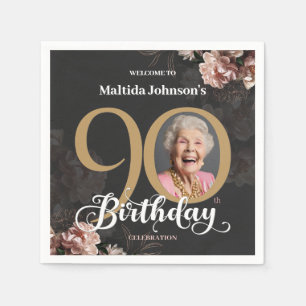  Elegant Custom Photo Floral 90th Birthday Napkin