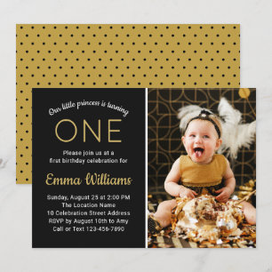 Elegant Custom Photo Gold Black First 1st Birthday Invitation
