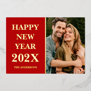 Elegant Custom Photo Happy New Year 2026 Red Gold Foil Holiday Card