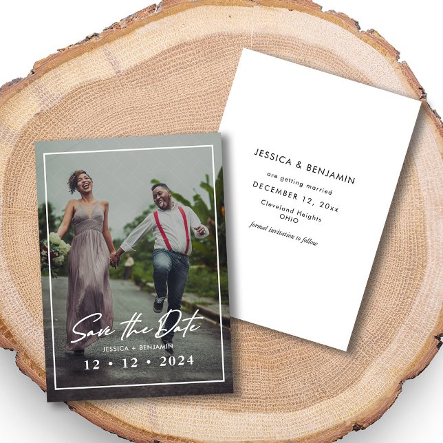 Elegant Custom Photo Wedding Save the Date Card (Minimalist Striped Overlay Photo Wedding Save the Date Card, Front and Back)
