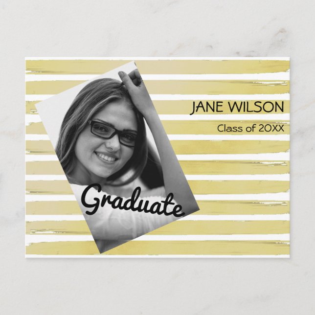 Elegant custom photo white gold foil paint striped announcement postcard (Front)