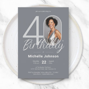 Elegant Custom Photo White Silver 40th Birthday Invitation