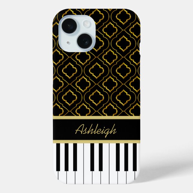 Elegant Custom Piano Keys with Gold Quatrefoil Case-Mate iPhone Case (Back)
