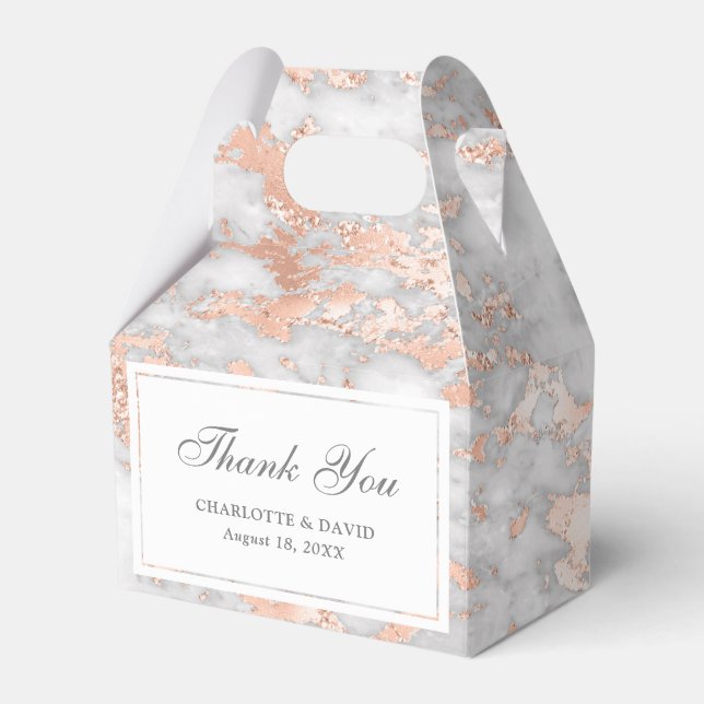 Elegant Custom Rose Gold and White Marble Wedding Favor Box (Front Side)