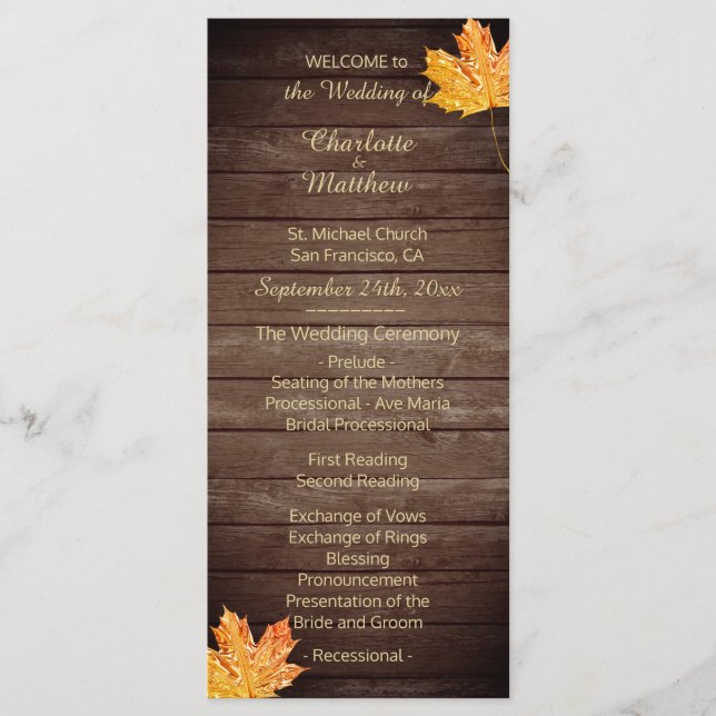 Elegant Custom Rustic Maple Leaf Wedding Programs (Front)