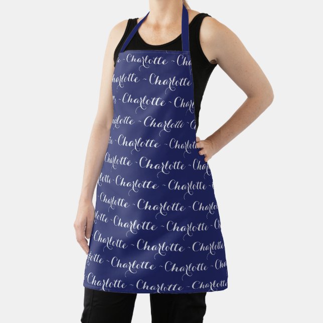 Elegant Custom script navy blue white chic pattern Apron (Insitu)