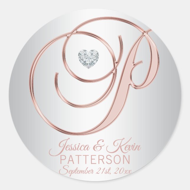 Elegant Custom Silver Grey Rose Gold Wedding Classic Round Sticker (Front)