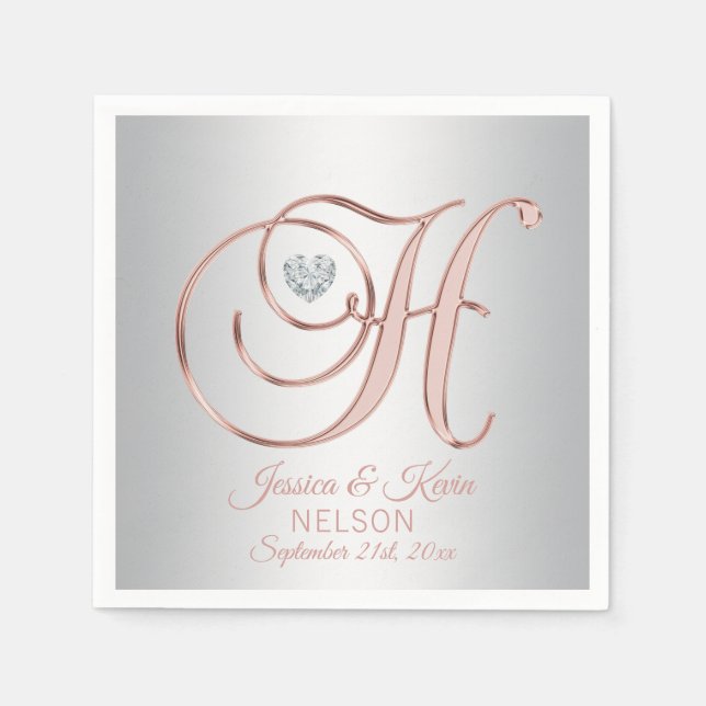 Elegant Custom Silver Grey Rose Gold Wedding | H Napkin (Front)