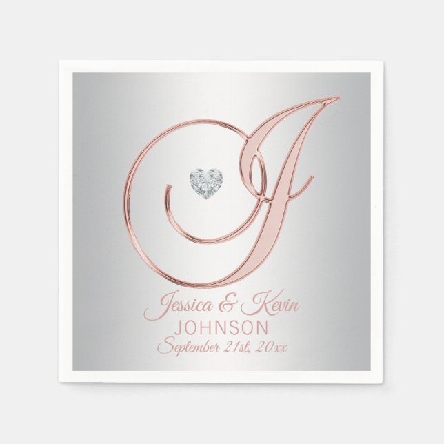 Elegant Custom Silver Grey Rose Gold Wedding Napki Napkin (Front)