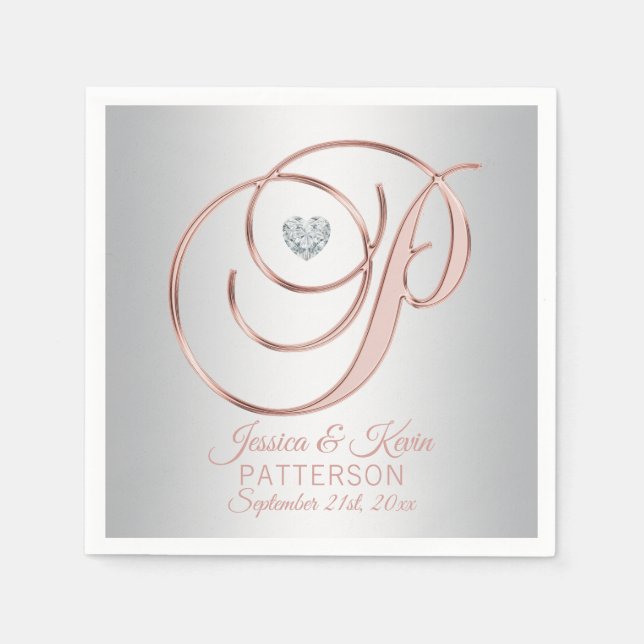 Elegant Custom Silver Grey Rose Gold Wedding Napki Napkin (Front)