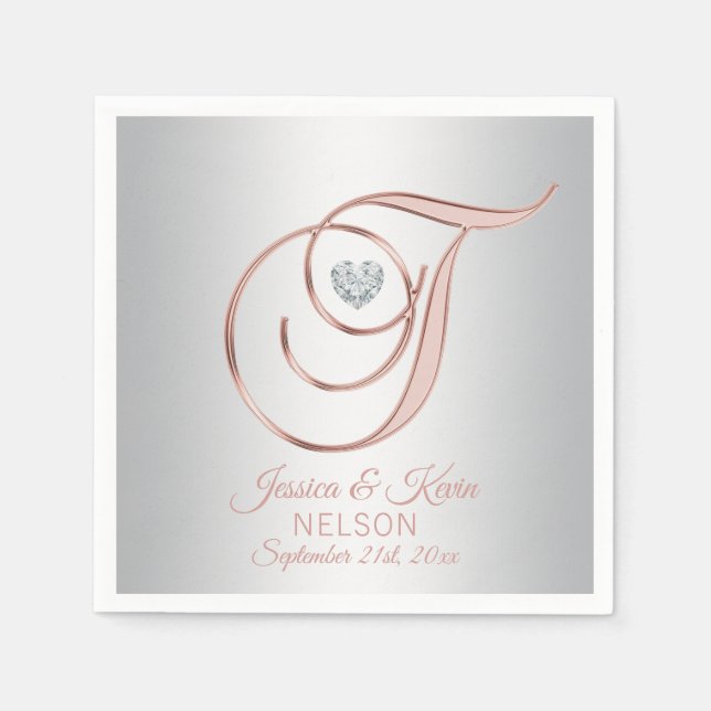 Elegant Custom Silver Grey Rose Gold Wedding Napki Napkin (Front)