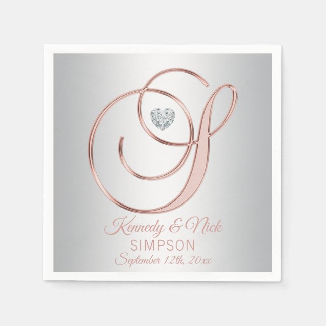 Elegant Custom Silver Grey Rose Gold Wedding Napkin (Front)