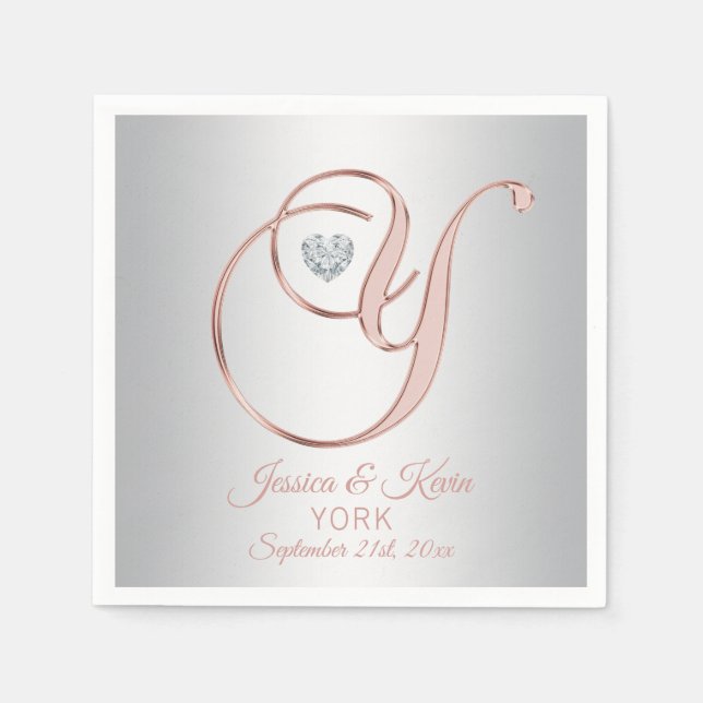 Elegant Custom Silver Grey Rose Gold Wedding | 'Y' Napkin (Front)