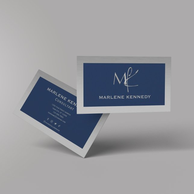 Elegant Custom Silver Monogram Navy Blue Business Business Card (Creator Uploaded)