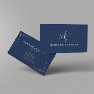 Elegant Custom Silver Monogram Navy Blue Business Business Card