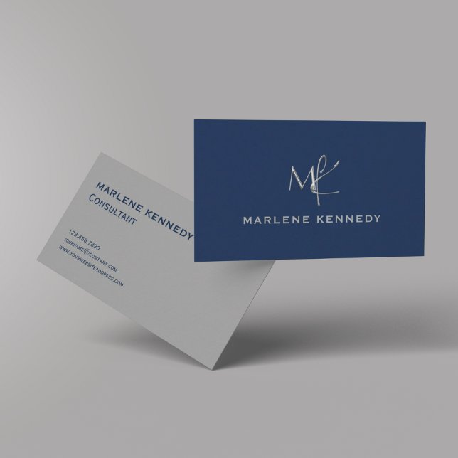 Elegant Custom Silver Monogram Navy Blue Business  Business Card (Creator Uploaded)