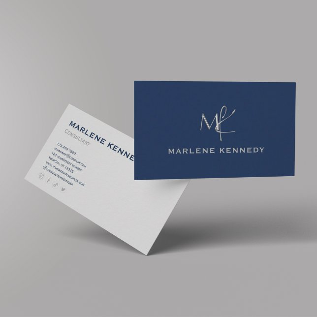 Elegant Custom Silver Monogram Navy Blue Business  Card (Creator Uploaded)