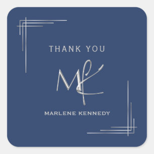 Elegant Custom Silver Monogram Navy Blue Square Sticker