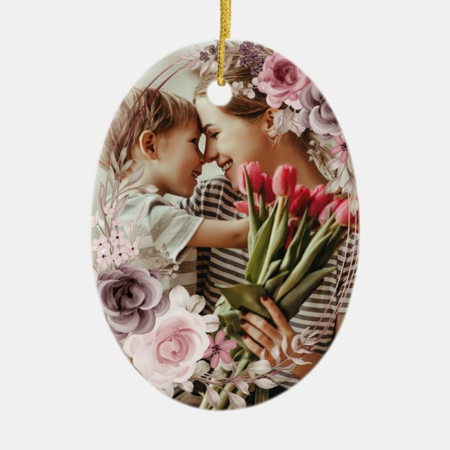 Elegant Custom Simple 2-Photo 2-sided Photo floral Ceramic Ornament (Front)