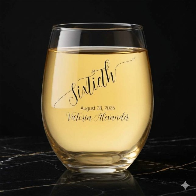 Elegant Custom Sixtieth Birthday Calligraphy Stemless Wine Glass (Elegant Custom Sixtieth Birthday Calligraphy Stemless Wine Glass )