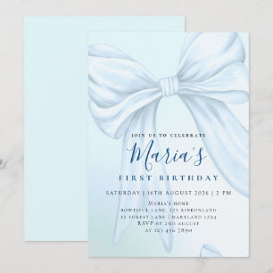 Elegant Custom Sky Blue Bow First Birthday Invitation