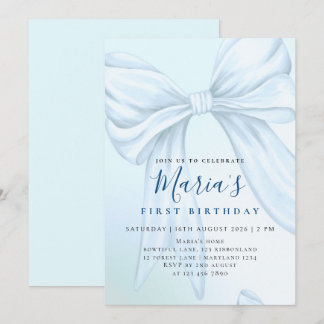 Elegant Custom Sky Blue Bow First Birthday Invitation
