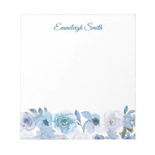 Elegant Custom Sky Blue White Watercolor Floral Notepad