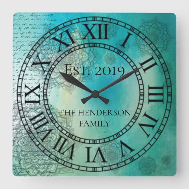 Elegant Custom Teal Blue Mandela Square Wall Clock (Front)