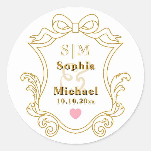 Elegant Custom Wedding Gold Initials Monogram Classic Round Sticker (Front)