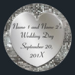 Elegant Custom Wedding Stickers<br><div class="desc">Easily change to your own text on these elegant, custom, unique silver stickers and seals with a 3d look heart on silver sequin's printed look glittering background. Shown is "Name 1 and Name 2's Wedding Day" with the date in elegant script. Change to your custom names, special occasion, and the...</div>