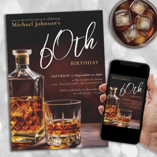 Elegant Custom Whiskey 60th Birthday Party Invitation (60th Birthday Whiskey Black Gold Classy Elegant Invitation)
