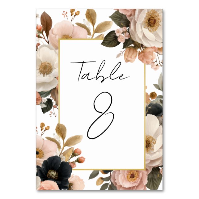 Elegant Customizable Floral Table Number Cards (Front)
