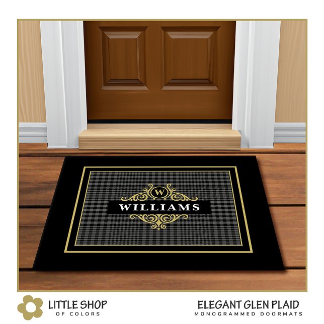 Elegant Customizable Glen Plaid with Gold Emblem Doormat (Creator Uploaded)