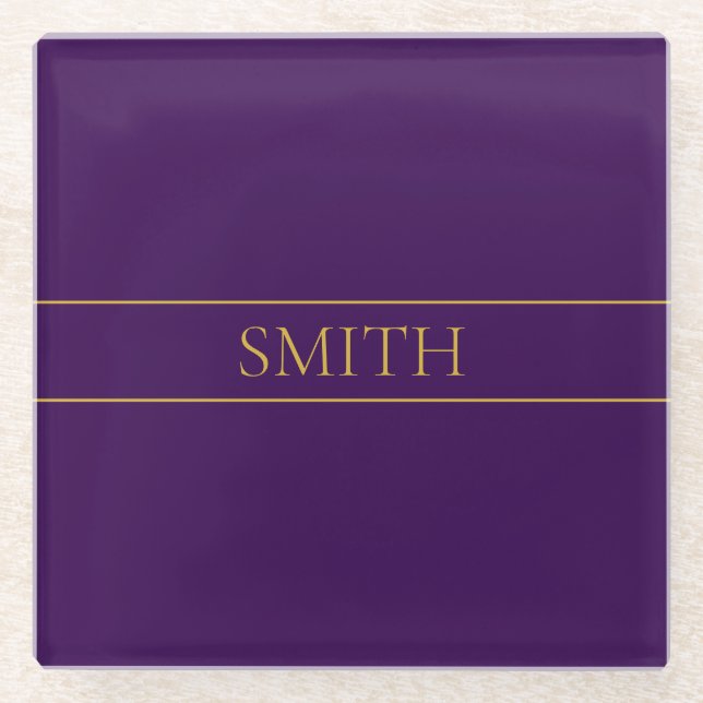 Elegant Customizable Text | Gold & Deep Purple Glass Coaster (Front)