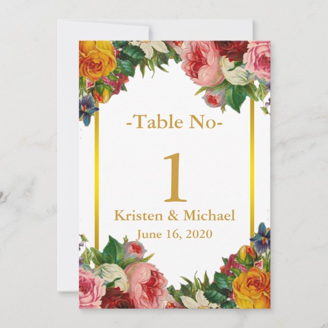 Elegant Customize Floral Gold Wedding Table Number (Front)