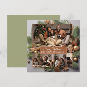 Elegant Cute 3 Photo Family Christmas Evergreen Holiday Card