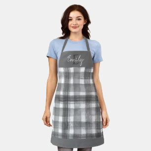 Elegant Cute Black White Plaid Monogram Christmas Apron