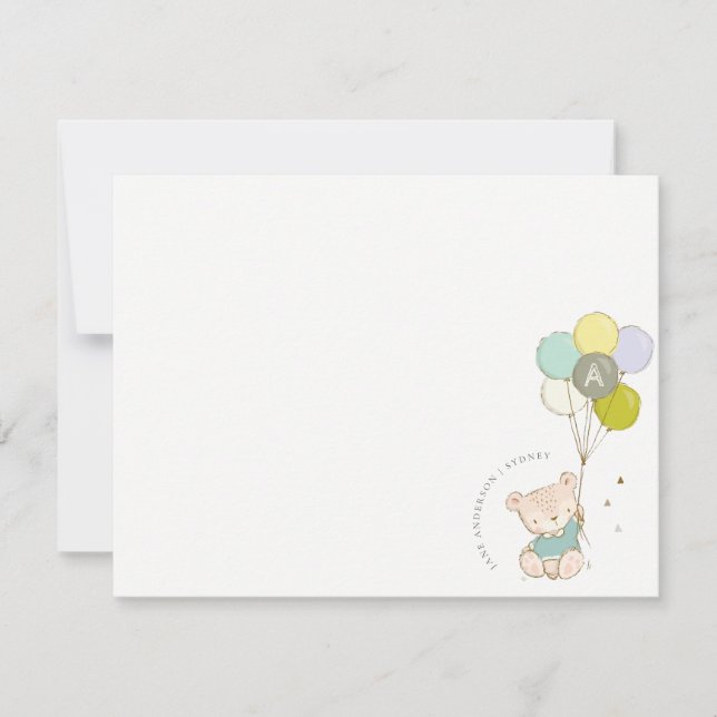 Elegant Cute Blue Bear Balloon Boys Monogram Card (Front)