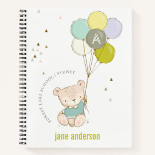 Elegant Cute Blue Bear Balloon Boy's Monogram Notebook