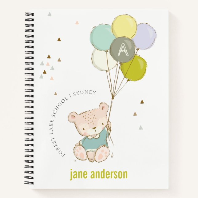 Elegant Cute Blue Bear Balloon Boy's Monogram Notebook (Front)